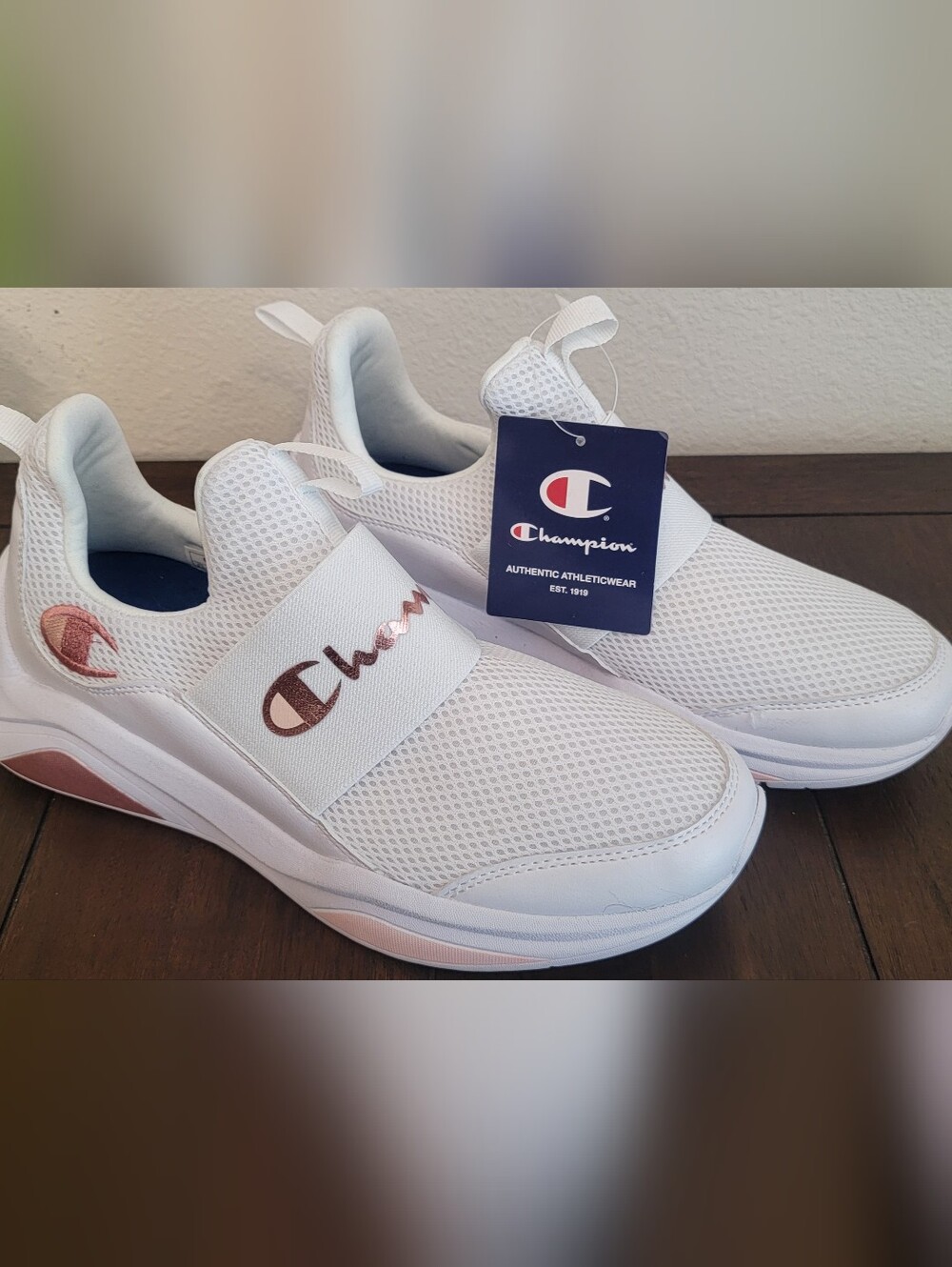 Womans Champion White Slip-On Sneakers with Rose Gold Logo Accent